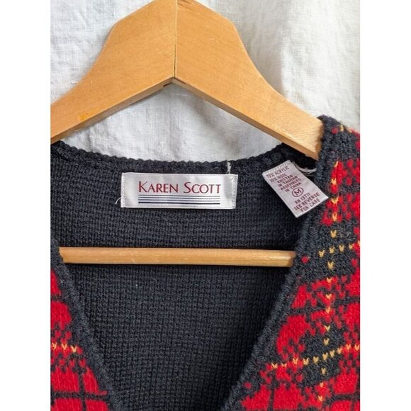 Karen Scott button up sweater vest red & black wool women's medium Vintage K4 - Picture 3 of 6